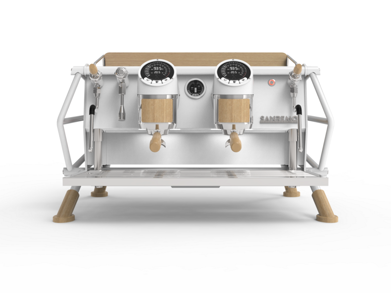 Sanremo Cafe Racer White & Wood 2Group – Elegant 2-Group Coffee Machine with Natural Wood Finish